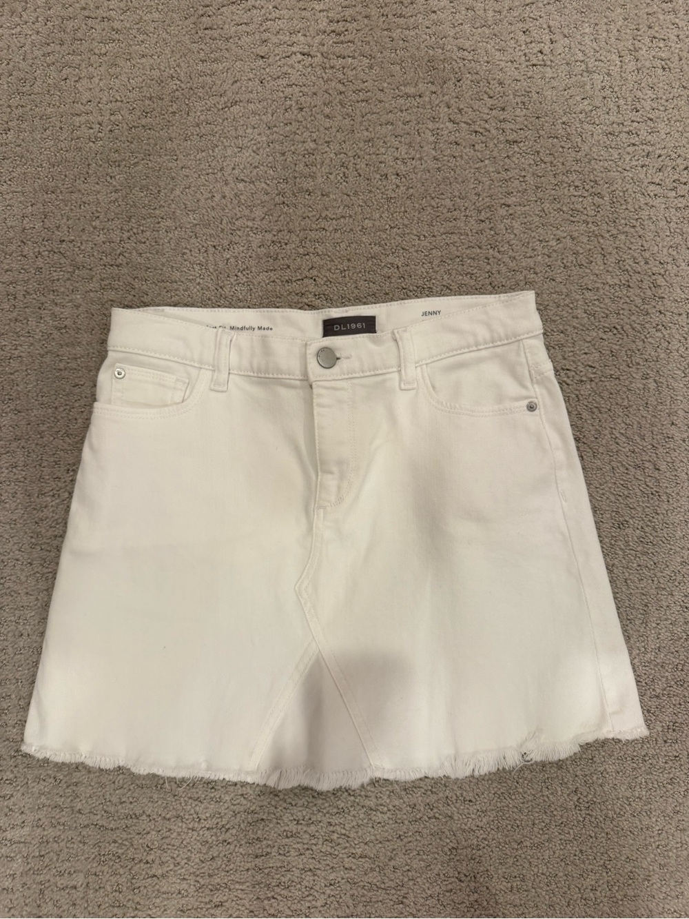 DL1961 White Frayed-Hem Denim Mini Skirt